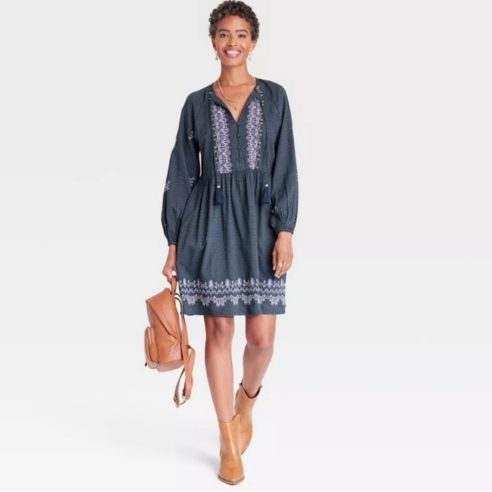 Knox Rose Boho Embroidered Tiered Mini Dress Tassel V-Neck Navy Blue Peasant XS